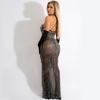 Vestidos de mujer largos transparentes de malla con escote halter y aberturas laterales sexys a la moda