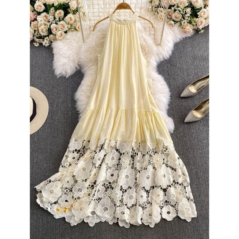 Vacation Style Long Dress Women's French Style Fancy Halterneck Skirt Summer Lace Hollow Dress Gentle A- line Skirt