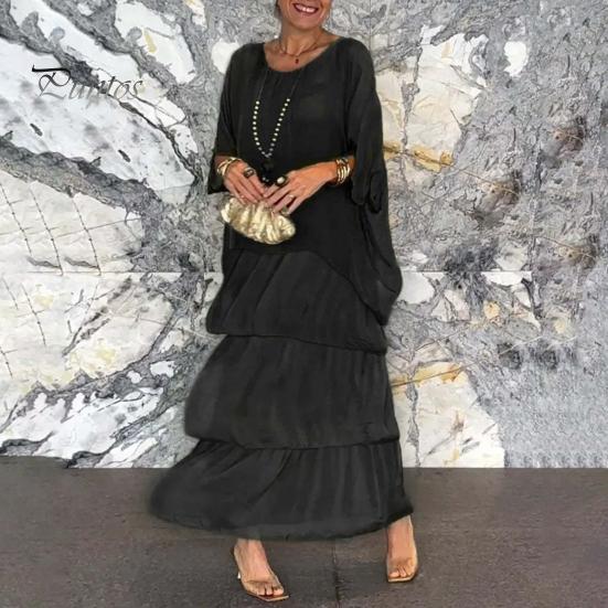 Evenig Dress Layered Scattered Cake Hem Half Sleeves Maxi Dress Bat Sleeves Baggy Round Neck Chiffon Dress for Party Prom