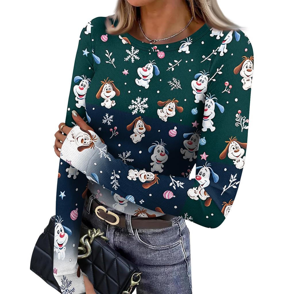 Women's Slim Fit Long Sleeve Base Layer T-Shirt with Christmas Print, Neck Pullover Top with Thumb Holes