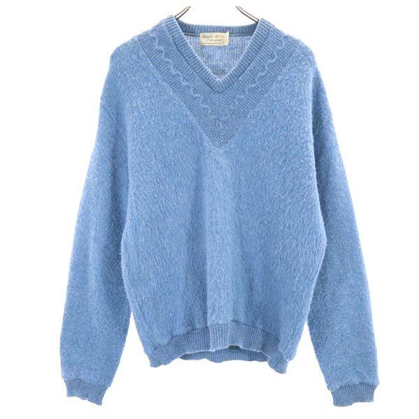 Sears 60s 70s Mohair Long Sleeve V Neck Knit L Blue Sweater Men's Used