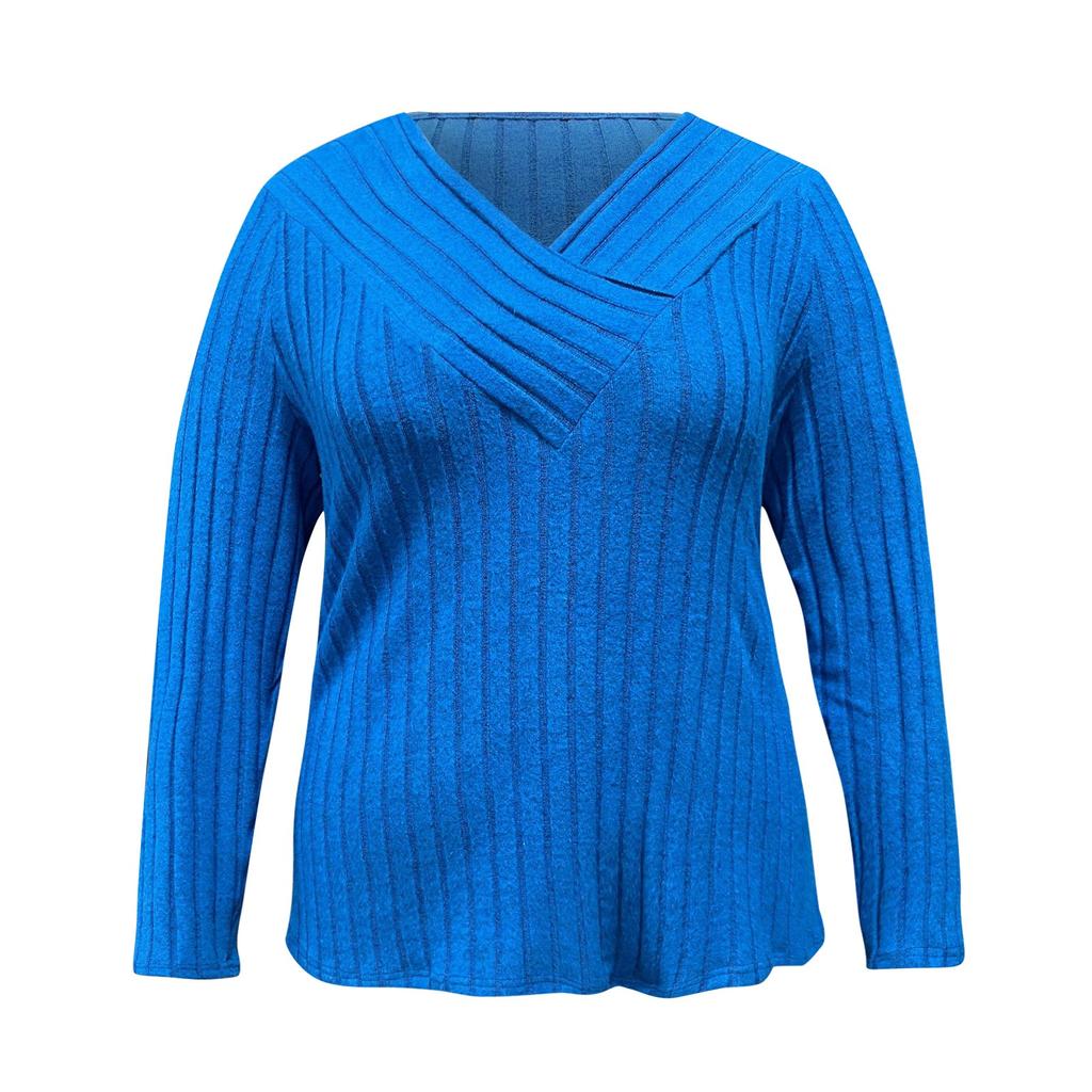 Women's Solid Color Plus Size Cross V-Neck Long Sleeved Pullover T-shirt Top