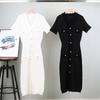 Gentle Wind Fringe Knit Short-sleeved Dress Women's Plus Size V-neck Pure Colour Temperament Mid-length Dress