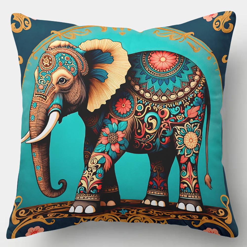 2D Flat- Bohemian Elephant Decorative Throw Pillow Cover Ethnic Style Floral Cushion Case For Home Sofa Bedroom