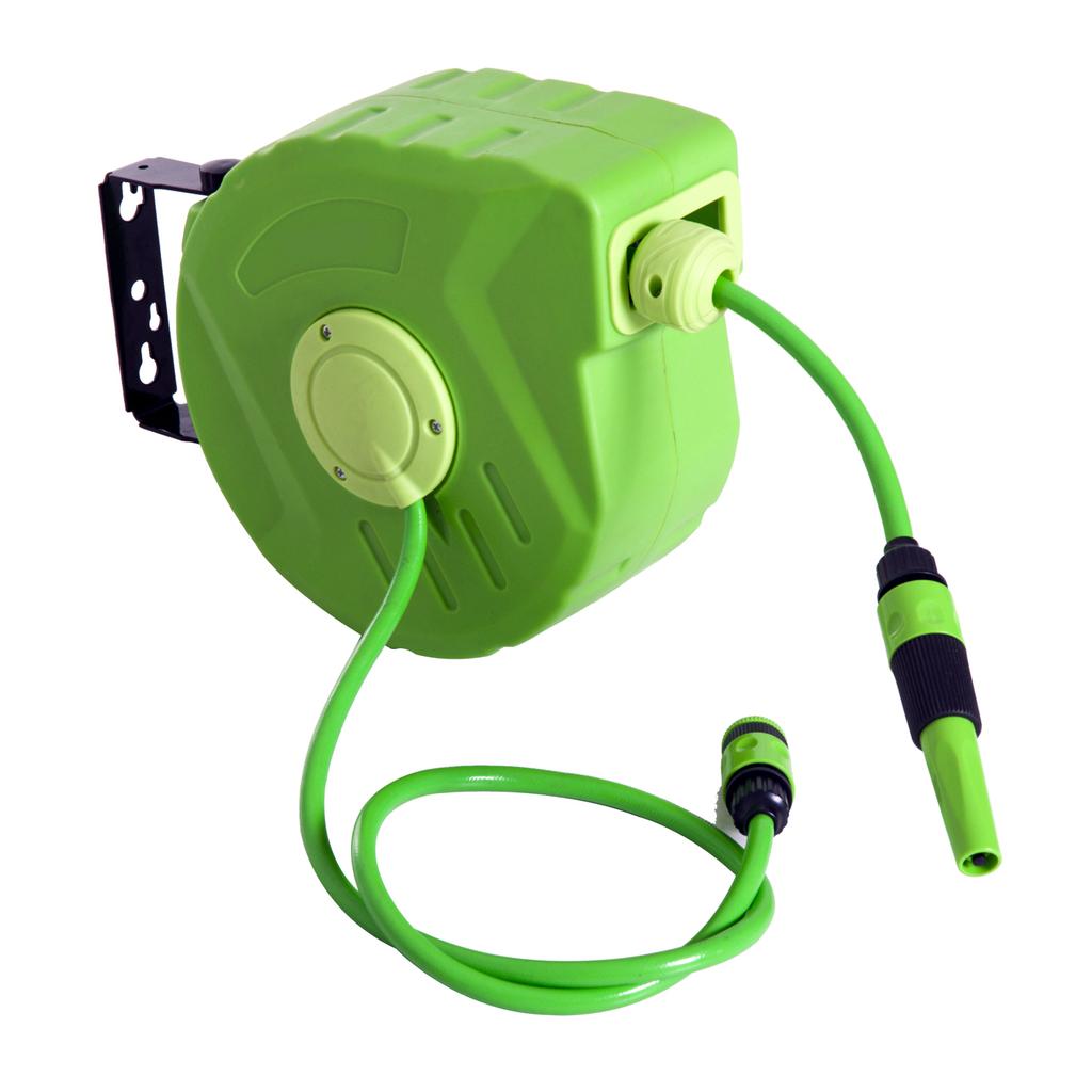 Garden Hose Reel, Automatic Roll-Up, with Spray Gun