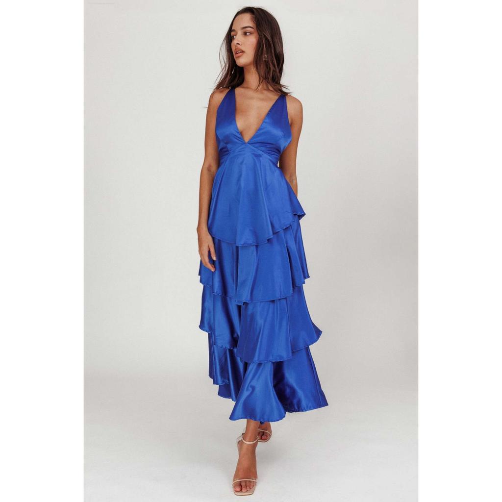 Women's V Neck Sleeveless A-Line Maxi Dress High Waist Tiered Ruffled Summer Dress