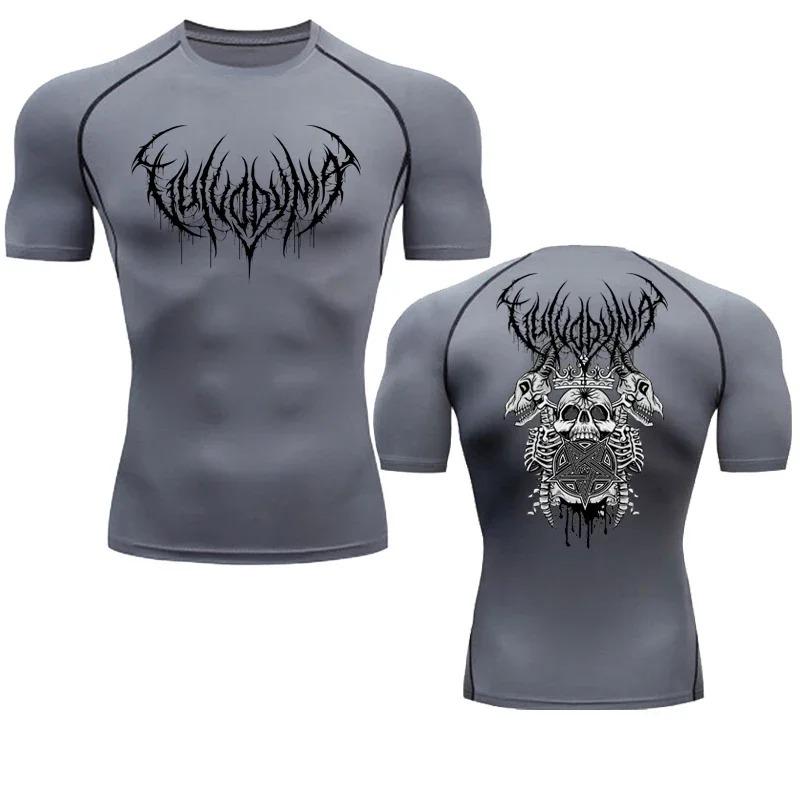 Crânio masculino impresso camisa de compressão, correndo t-shirt, ginásio esportes, secagem rápida, secagem rápida, na moda