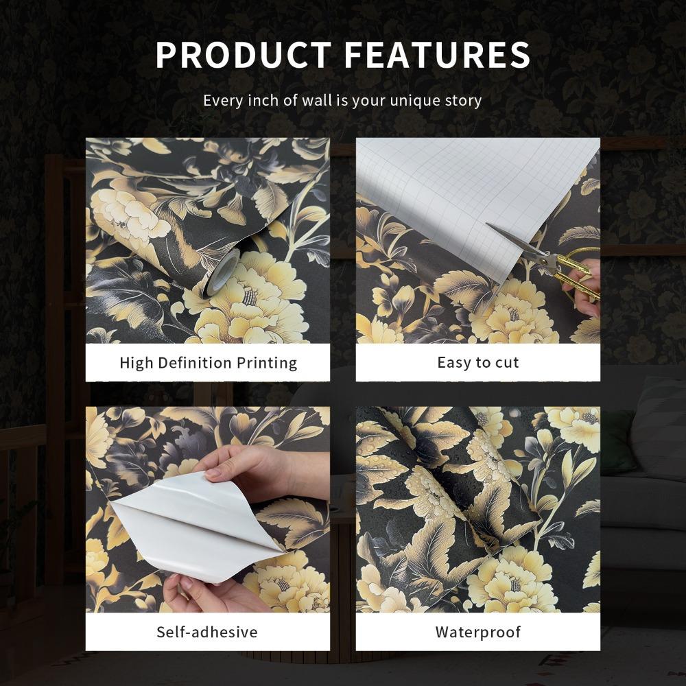 1 Stück Tapete mit goldenen Blumen auf schwarzem Hintergrund, selbstklebend, Boho-Wandaufkleber, entfernbar, zum Abziehen und Aufkleben, wasserfest, dekorative Vintage-Blumenaufkleber
