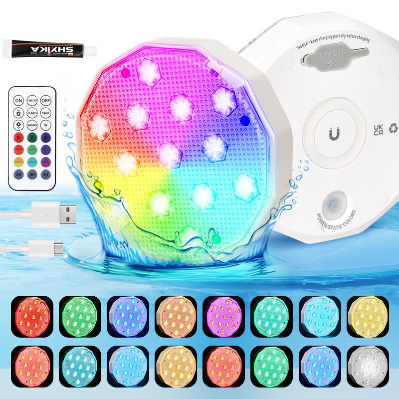 Submersible LED Pool Light 2 Pack Rechargeable IP68 Waterproof 16 Color Remote Underwater Lamp for Tub Vase Party