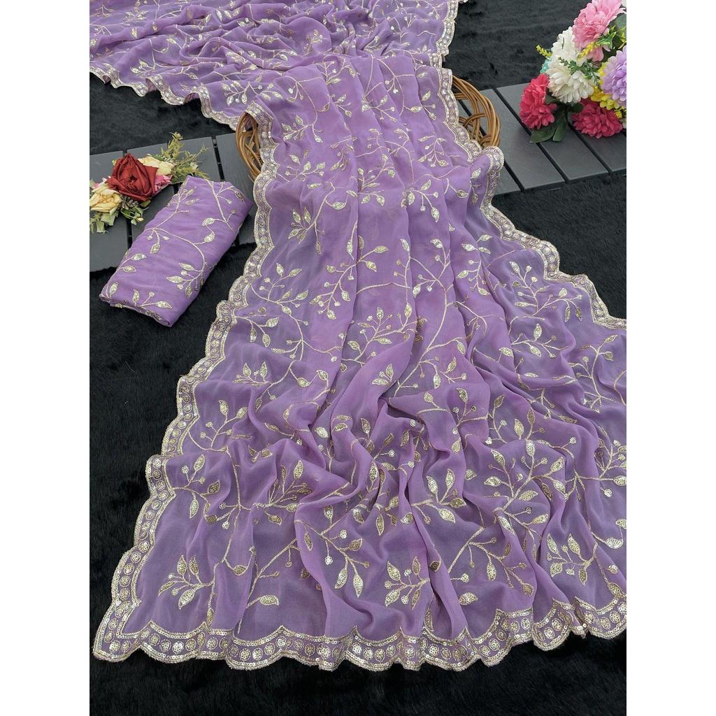 Premium Georgette Fabric C Pallu Embroidery Sequins  Thread Work ,Blouse (Need To Be Stitched As Per Size And Fit)