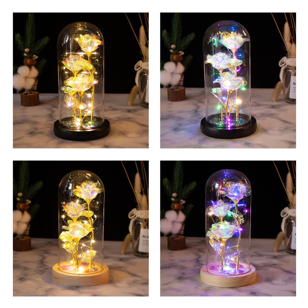 LED Rose Light Rose in Glass on Wooden Base Artificial Rose Flower Light Preserved Rose with LED Light