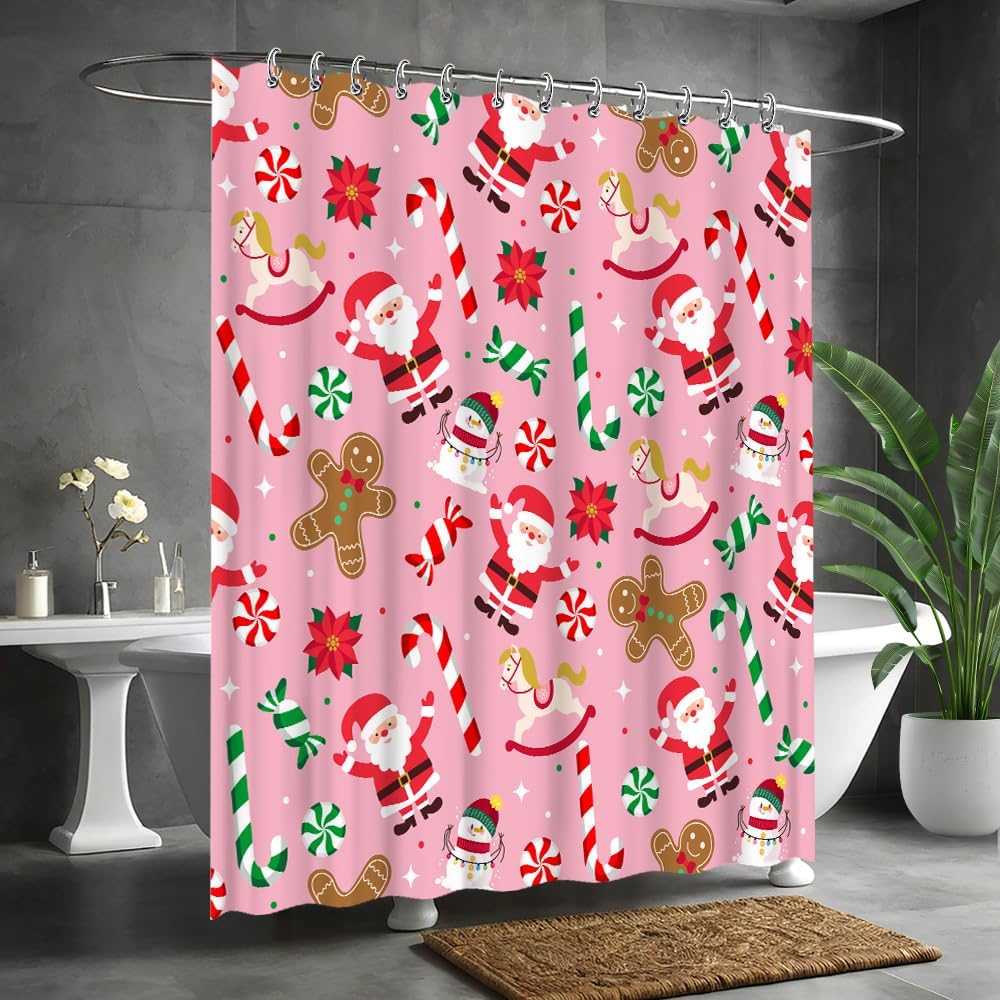 Christmas Gingerbread Man Santa Claus Pink Shower Curtain Candy Cane Snowman Pattern Santa Party Decorations Waterproof Fabric