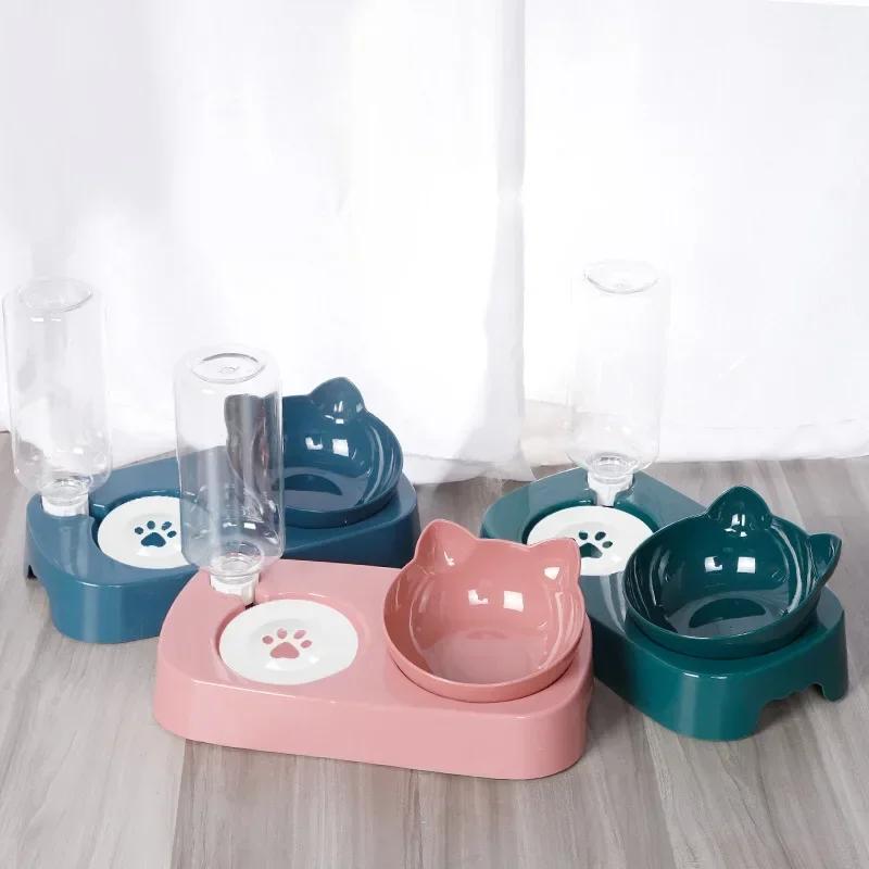 Pet Dog Bowl Automatic Feeder Cat Food Bowl With Water Fountain Bowl Drinking Raised Stand Dish Bowls Cat Food And Water Dush Decoration