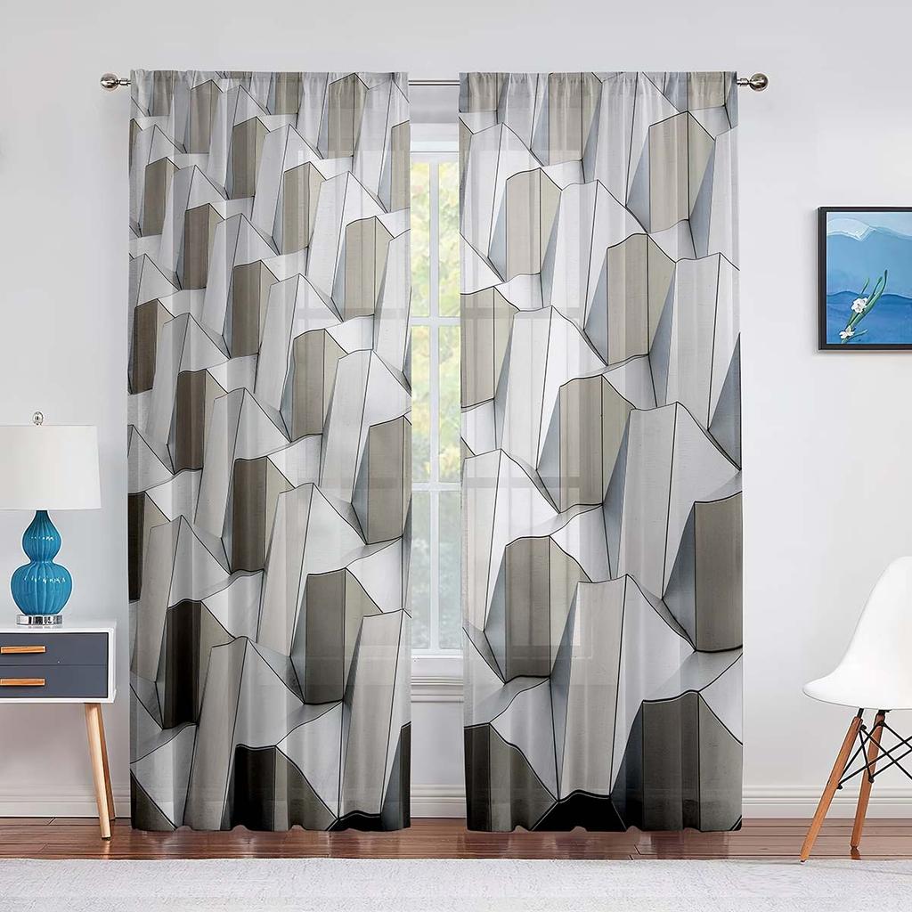 Niebieska Geometryczna Kwadratowa Przezroczysta Woalowa Zasłona do Kuchni Salonu Sypialni Dekor Nowoczesne Abstrakcyjne Tiulowe Zasłony Obróbka Okna