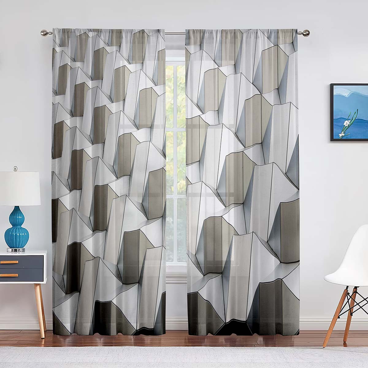 Синяя квадратная прозрачная вуаль с геометрическим рисунком для кухни — фото 10