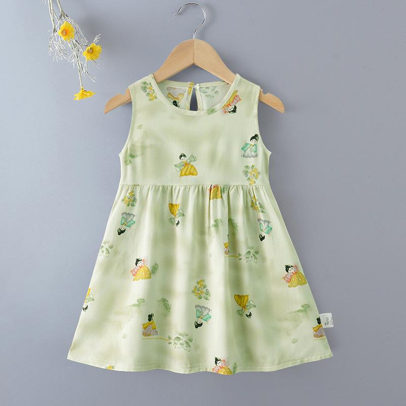 Girls' Floral Summer Princess Beach Dress, Cotton Silk Tank, A-line Skirt