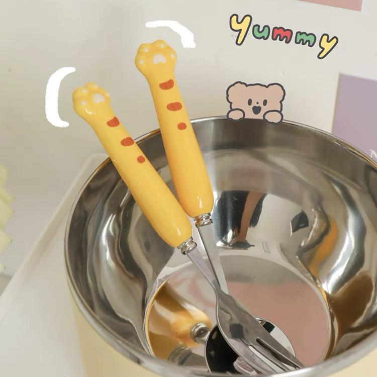 Stilvolles Niedliches Tigergriff Edelstahl Besteck: Tierpfote Cartoon Dessertlöffel- und Gabelset