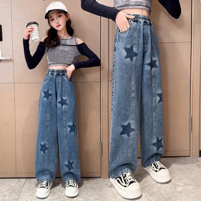Lente Herfst Grote Meisjes School Wijde Pijpen Broek met Sterpatroon Casual Losse Lente Lange Jeans Kinderen Koreaanse Stijl Broek