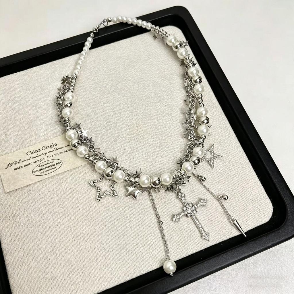 Y2K‑Subculture Winding‑Style Women Necklace, Pentagram‑Cross Fringed Niche‑Designed Choker Collarbone‑Chain Neck Accessories