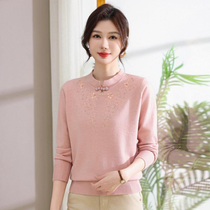 Middle-aged and old women's clothing, spring and autumn knitted loose sweater, mother's spring clothing, new stand-up collar bottoming shirt, top