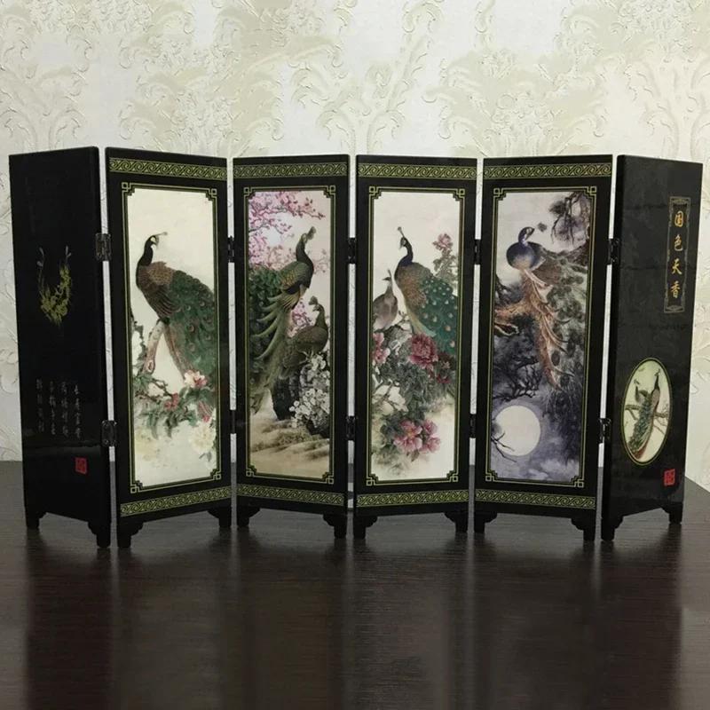 Mini Folding Screen Chinese Style Gift View Home Tabletop Decoration Doll Room Partition Divider 6 Panels Vintage Wood Screen