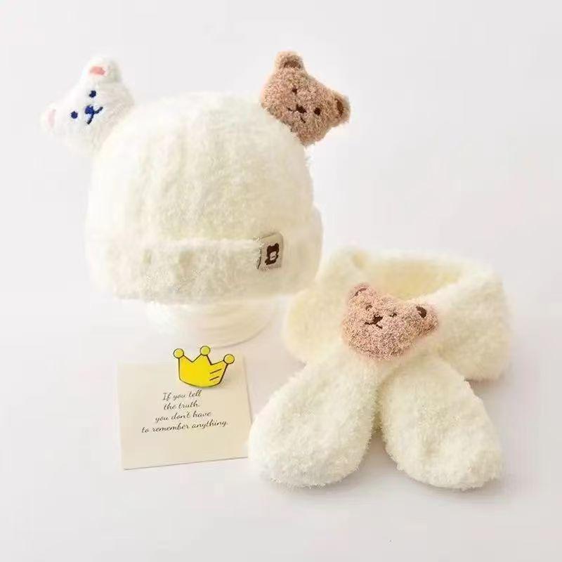 Little Bear Plush Hat & Scarf Set for Babies: Fleece-Lined, Warm, Ear Protection for Autumn & Winter
