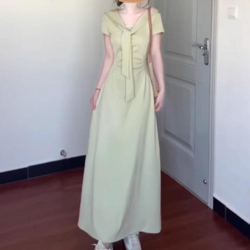 French Style Pleated Solid Color Dress Children's Summer New Short-sleeved Design Feeling Waist Temperament Showing Thin Long Skirt