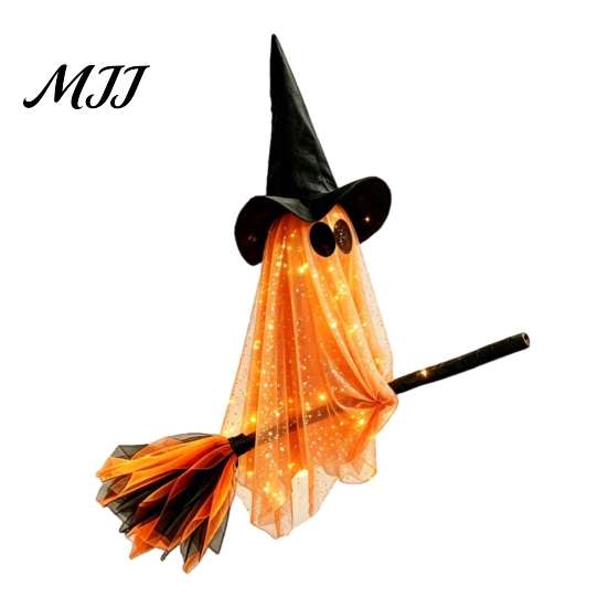 Whimsical Ghost Witch Figurine Halloween Flying with Broom, Large Lighted Hanging Decoration Easy Holiday Party Props Hat for Lawn Patio Porch