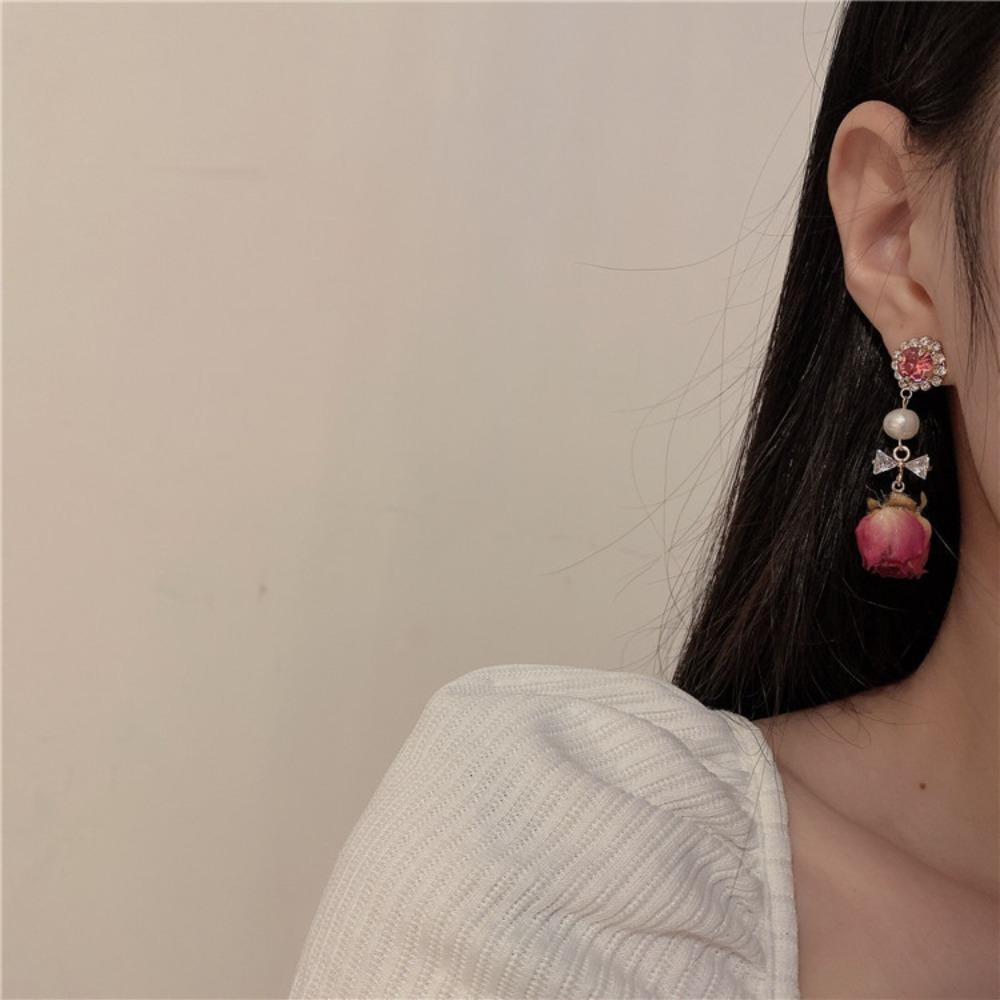 Rose Dried Flower Pendant Earrings Vintage Real Flower Earrings  Bridal Gown Earrings