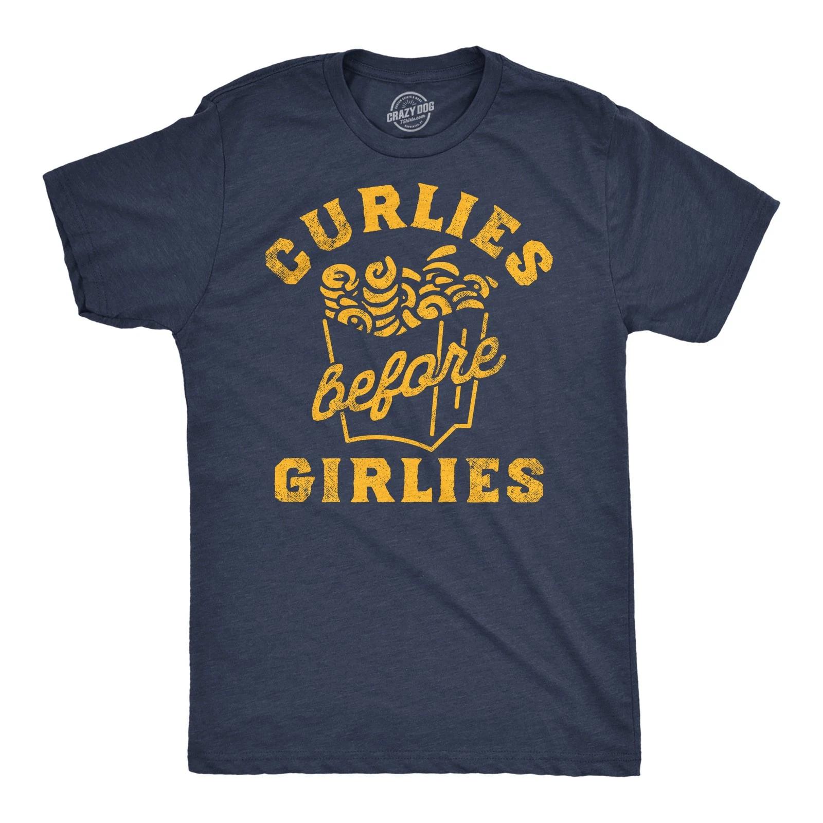 Mens Funny T Shirts Curlies Before Girlies Sarcastic Curly Fries Graphic Tee for S