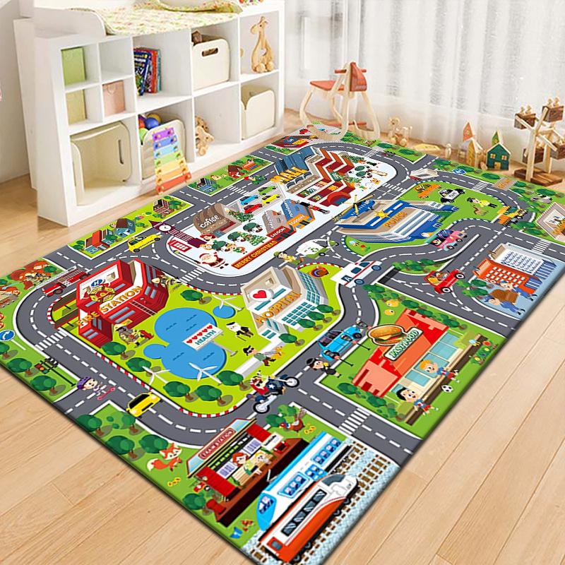Cartoon Roadway Velvet Rug: Durable, Dirt-resistant Play Mat for Kids
