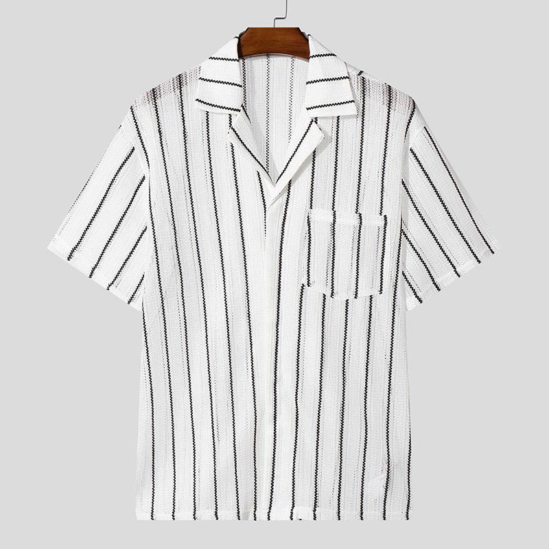 

INCERUN Oversized Mens Short Sleeve Buttons Striped Hollow Crochet Casual Shirts S белый