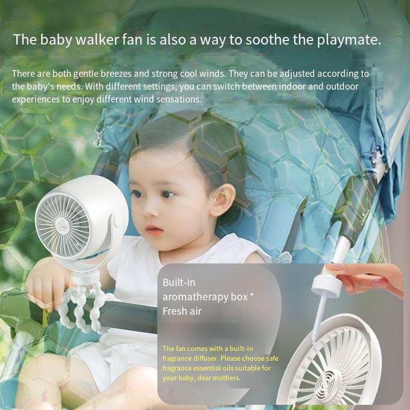 HOMEFISH Baby Stroller Octopus Clip Fan Anti-Pinch Hand 3 Speed with Night Light Aroma Diffuser USB Rechargeable Mini Portable C