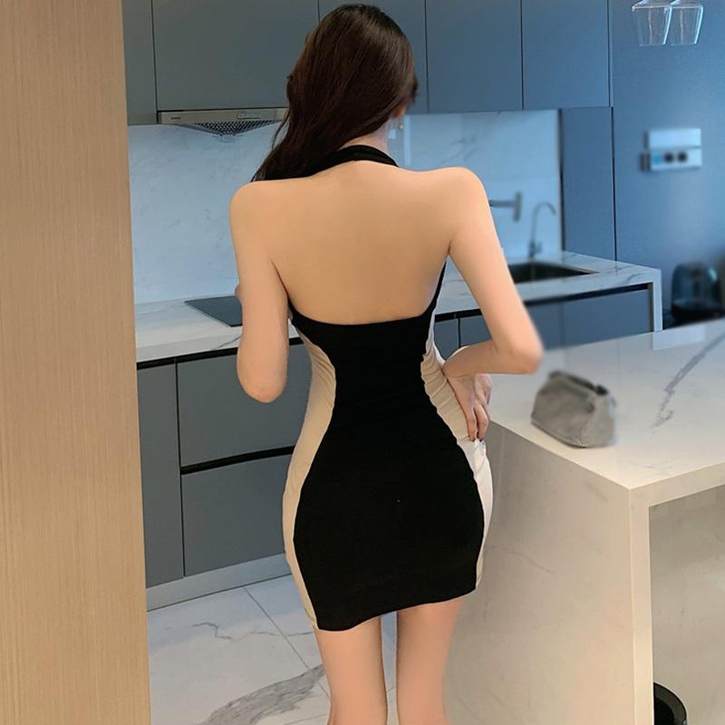 Neckholder-Reißverschluss, rückenfrei, schmal, ärmellos, ärmellose Kleider in Kontrastfarbe