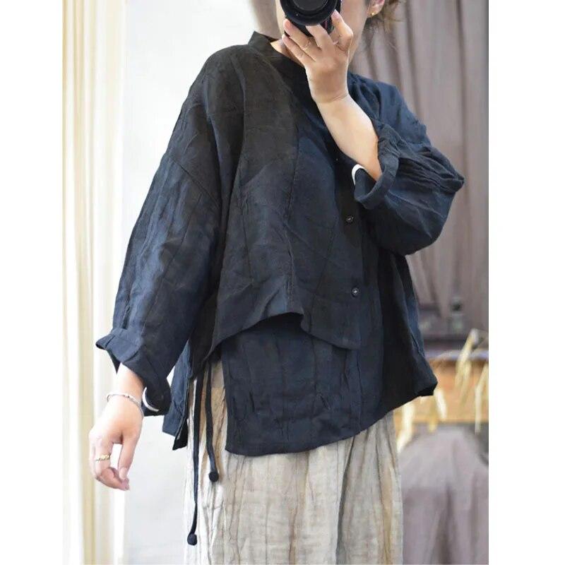 Johnature Nieregularna koszula z lnianym kołnierzykiem w stylu vintage, jesień, kobieta, nowa, zniszczona, luźna, jednokolorowa, swobodna koszula