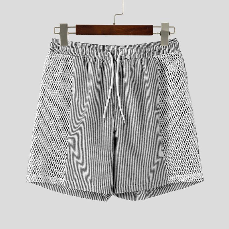 INCERUN Men Drawstring Elastic Waist Striped Hollow Beach Sports Shorts Pants