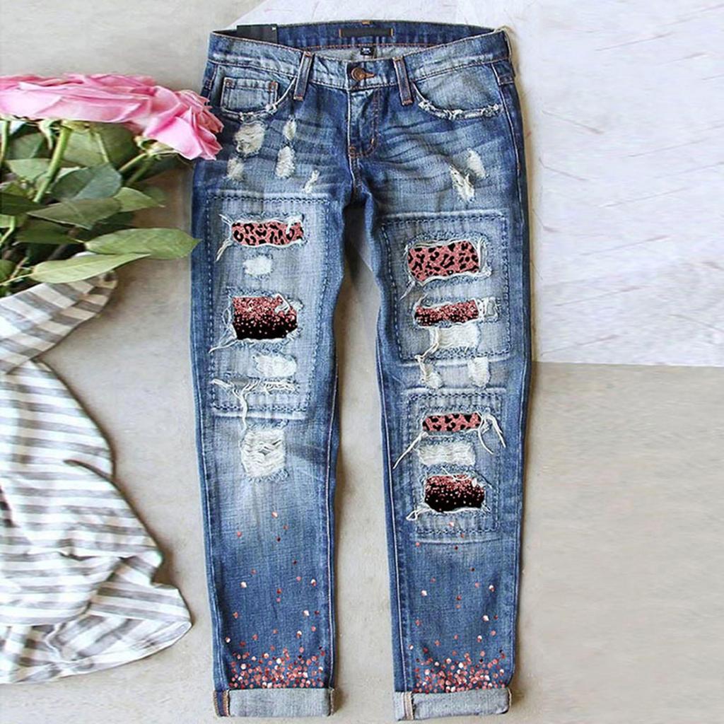 Jeans elasticizzati stampati a fiori blu da donna Pantaloni a vita alta Pantaloni skinny strappati con toppe in denim distrutto