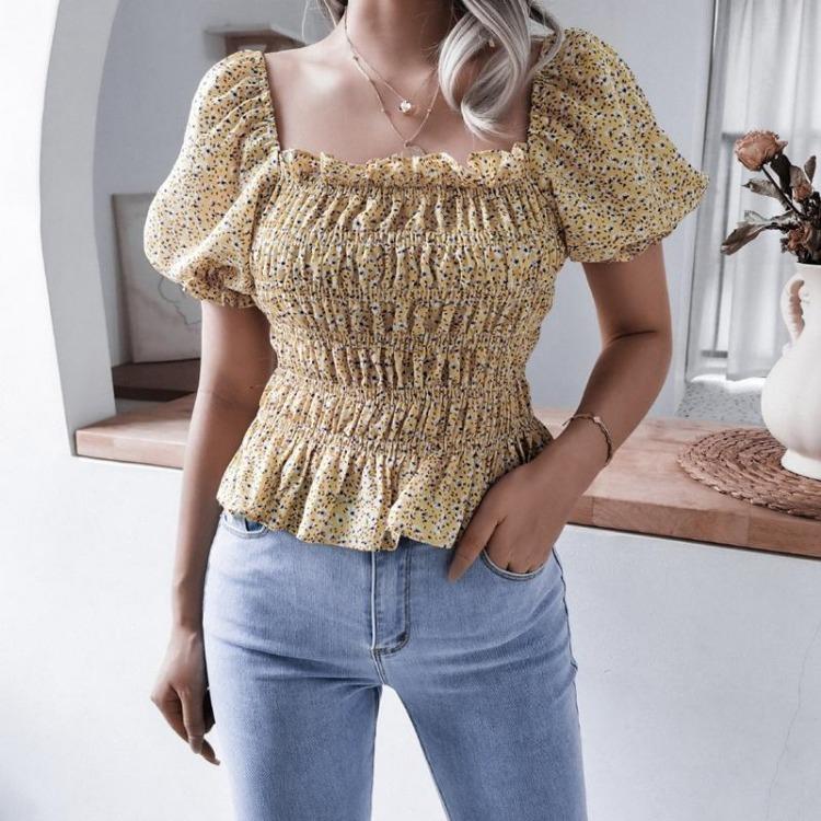 Chic bluse med blomsterprint for kvinner Vår Sommer Firkantet krage Korte lanternermer Kappehem Slank midje Chiffontopp Enkel S-XL