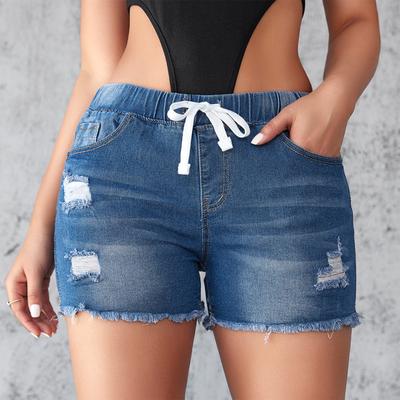 Women’s Drawstring Waist Distressed Denim Shorts with Frayed Hem Casual Fit Pockets and Elastic Waistband Design