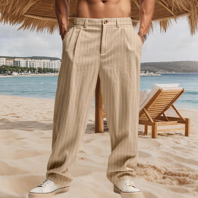 

Men Cotton Linen Pants Loose Cool Stripped Casual Beach Long Pants Zipper Fly Large Size Streetwear Fashion Lightweight Trousers 3XL хакі