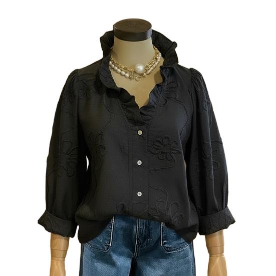 Women Shirt V-Neck Lace Trim Long Sleeve Pullover Tops Pure Color Embroidery Flower Pattern