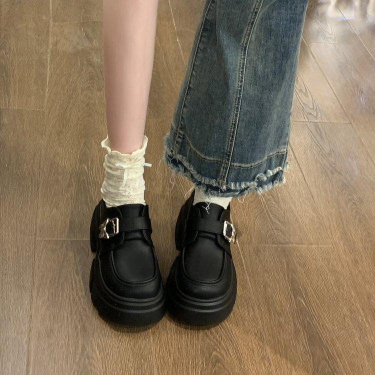 Thick-soled Black Small Leather Shoes Women's 2025 New Spring and Autumn British Style Thick Heel Heightened Round Head Japanese Jk Loafer Single Sh