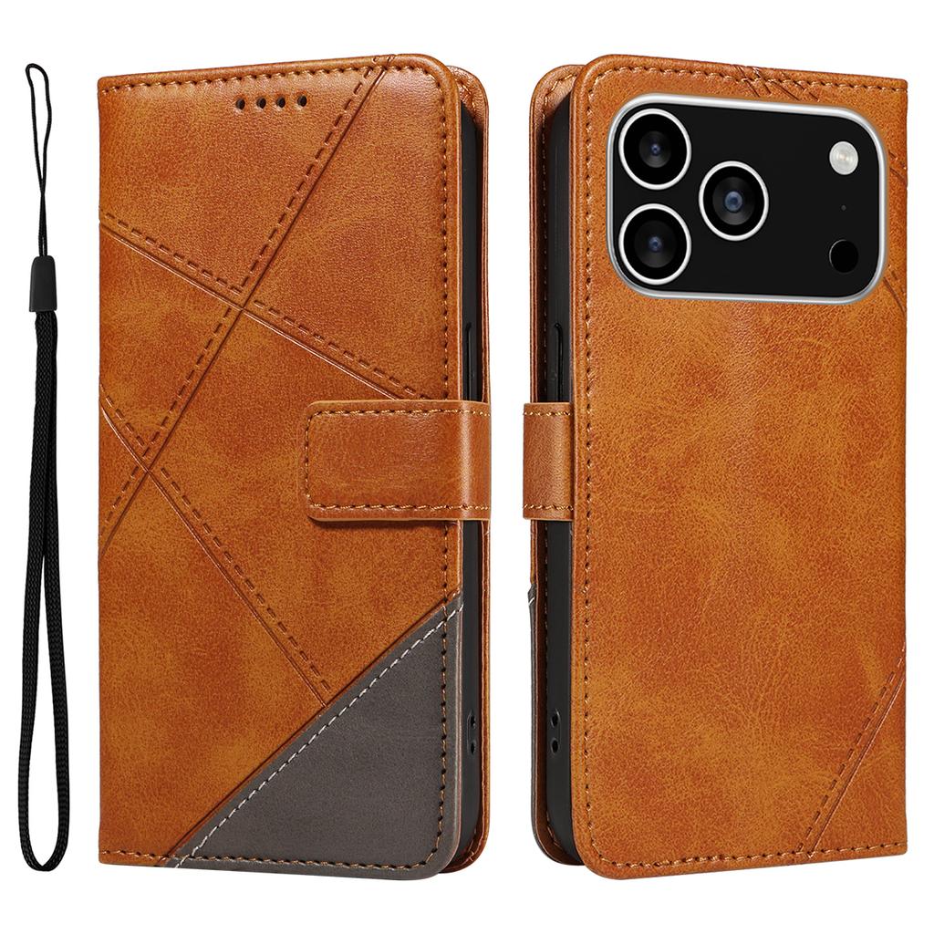 For iPhone 17 Pro Leather Case Geometric Line Design Wallet Phone Cover with Wrist Strap