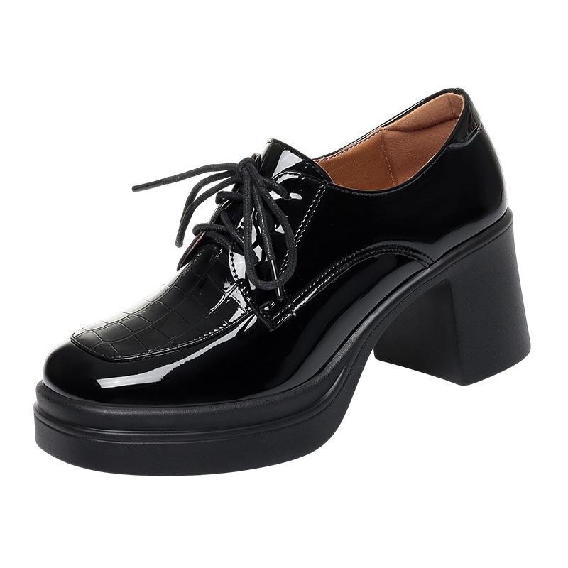 Veterschoenen, Leren Schoenen voor Lente en Herfst, Werkschoenen voor Dames, Dikke Hakken, Plateau Hoge Hakken
