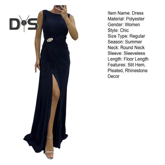 Rochie de seară pentru doamnă Tiv cu fantă plisată Lungime la podea Culoare unită Decor cu strass Fără mâneci Gât rotund Talie înaltă Decor cu strasuri Cocktail de bal