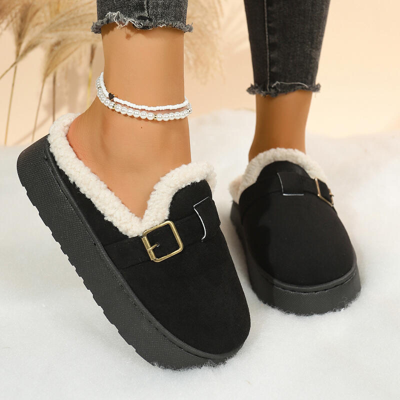 Fashion Warm Short Plush Mules Slippers Women 2025 Winter Soft Thick Bottom Fluffy Fur Casual Shoes Metal Buckle Corduroy Home Slippers