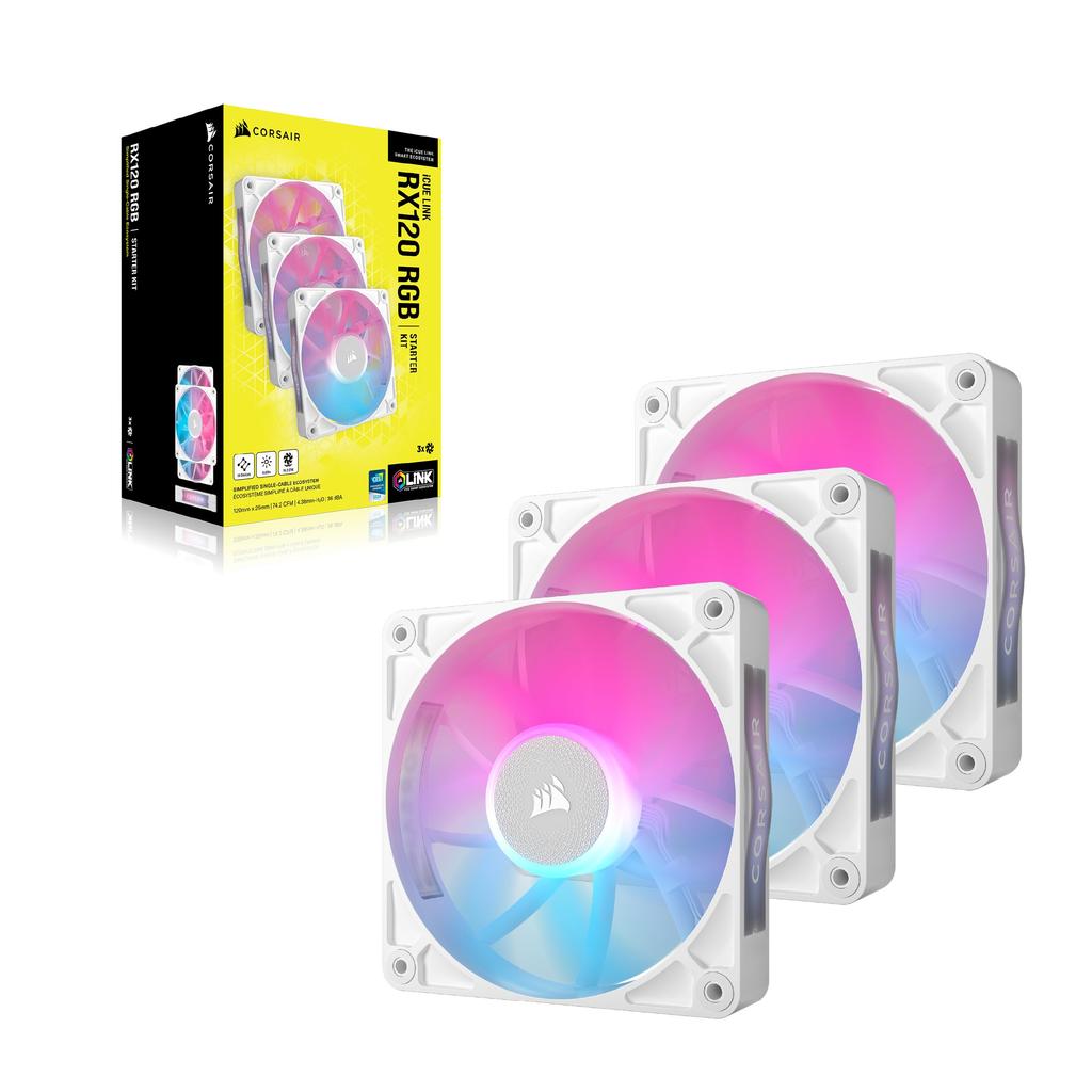 CORSAIR iCUE LINK RX120 RGB Starter 120mm PWM PC-Gehäuselüfter Triple-Pack iCUE LINK System Weißes Kit, (Inklusive Hub), (CO-9051022-WW)