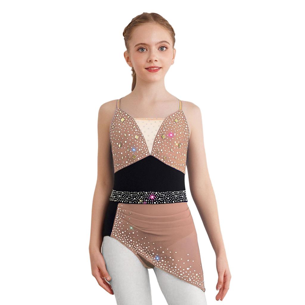 Rochie Patinaj Artistic Fete Spate Încrucișat Bretele Spaghetti Strasuri Design Încrețit Rochie Asimetrică din Plasă