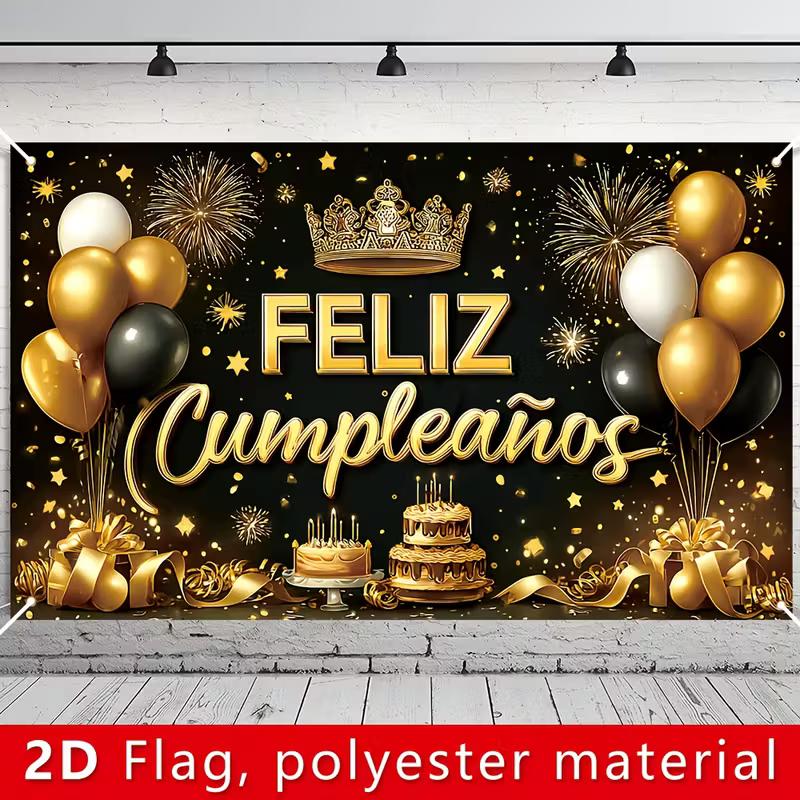 2D Spanish Happy Birthday Backdrop, Black Gold Balloon & Crown Banner, Fiesta Party Decor