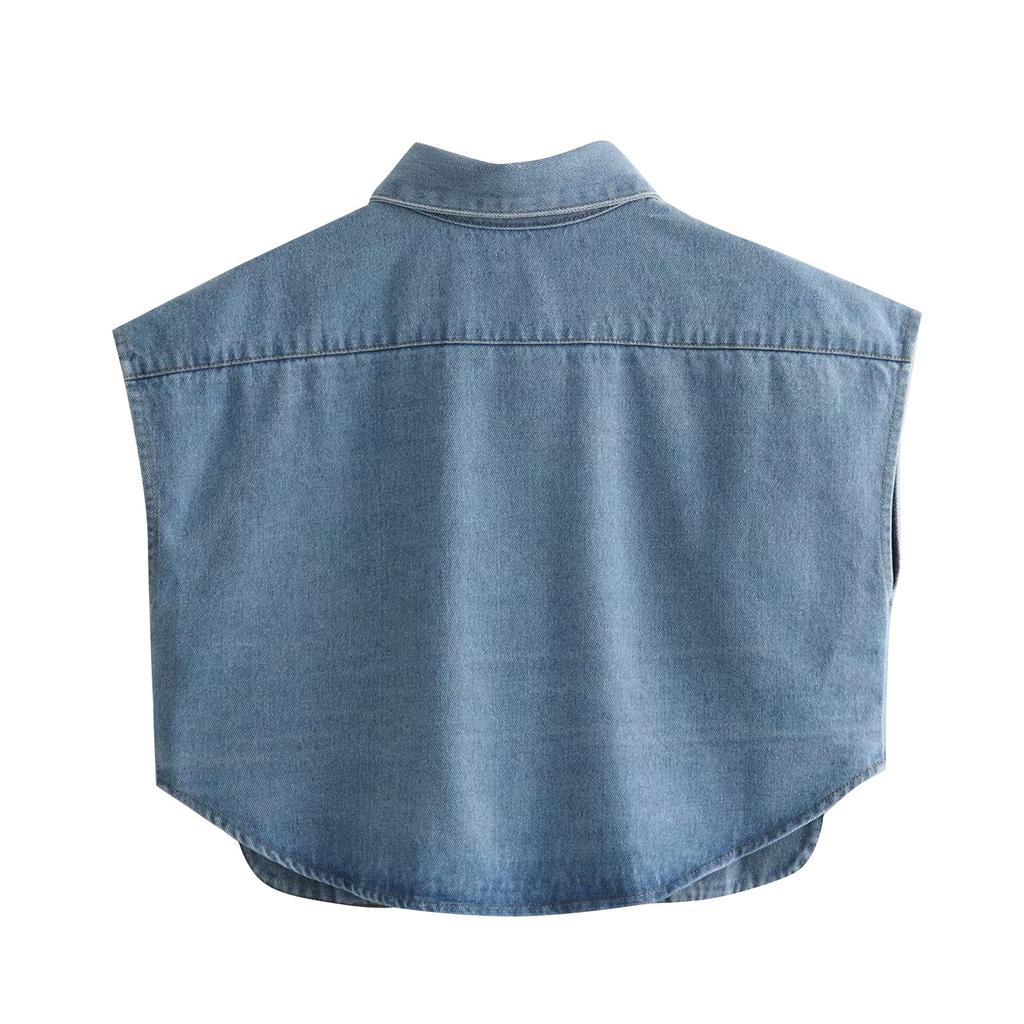 Cardigan feminino de alta qualidade, sem mangas, com bolso grande e cor sólida, com top jeans de lapela